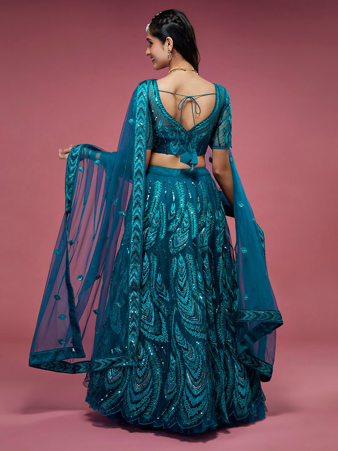 Teal Embroidered Sequinned Semi-Stitched Lehenga & Unstitched Blouse With Dupatta