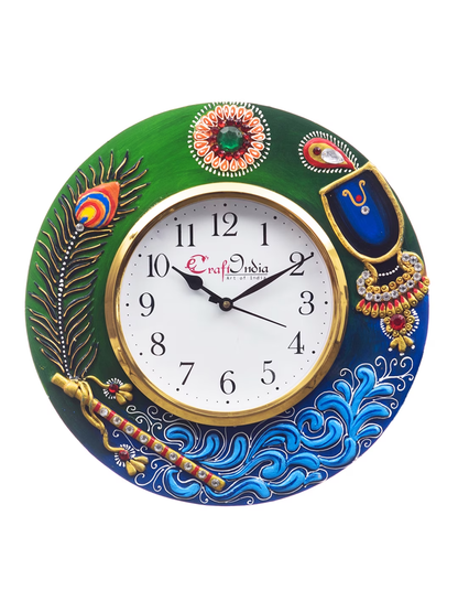 White & Blue Handcrafted Round Embellished Analogue Wall Clock