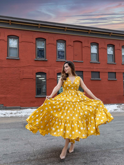 Mustard Yellow Polka Dots Printed Cotton Dress