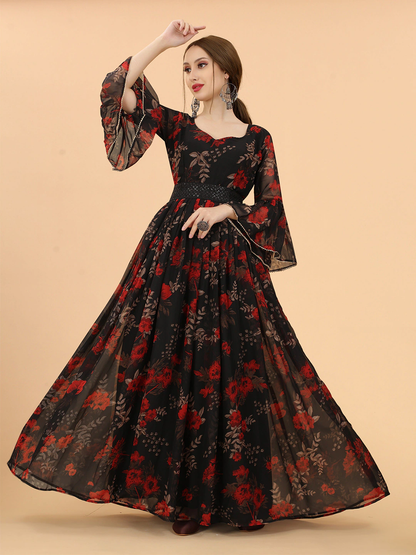 Women Black & Red Floral Fit And Flare Maxi Dress