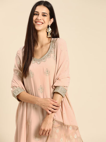 Women Pink Embroidered Regular Thread Work Kurta with Trousers & Dupatta