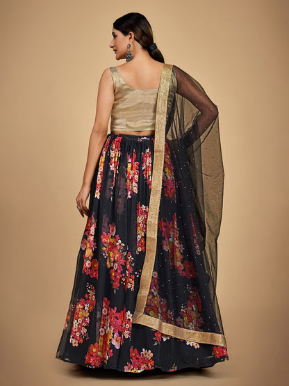 Black & Gold-Toned Semi-Stitched Lehenga & Unstitched Blouse With Dupatta