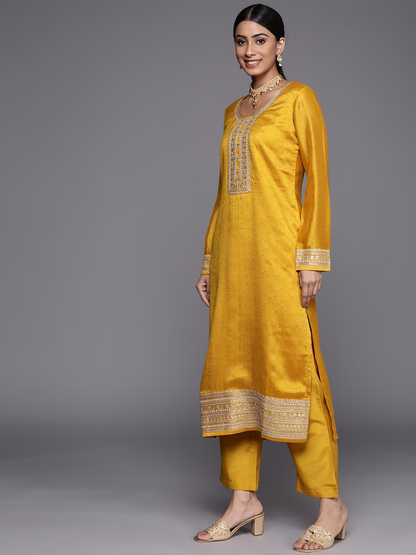 Women Mustard Yellow Floral Motifs Sequinned Salwar Suit