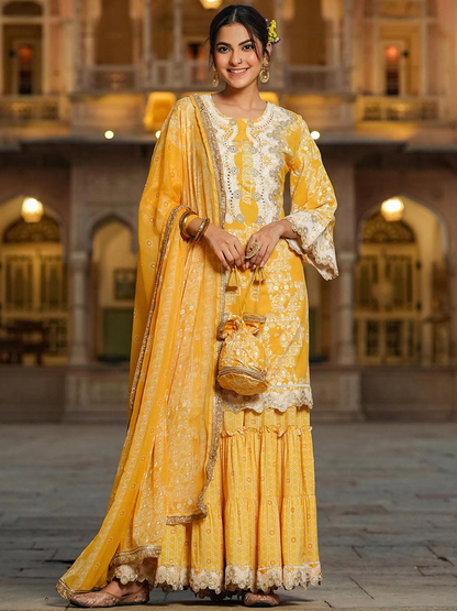 Ethnic Moifs Printed Mirror Work Kurta with Sharara & With Dupatta