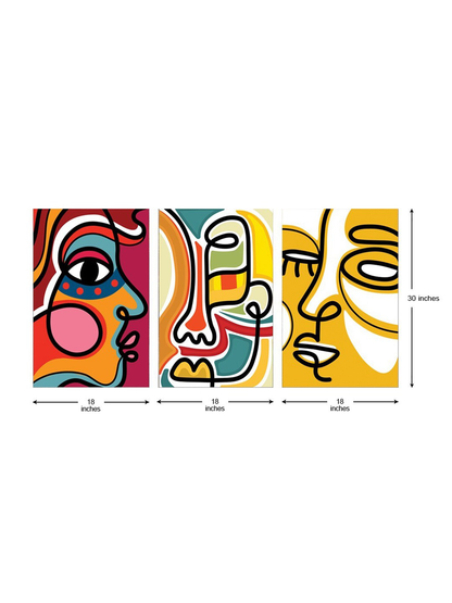 Set of 3 Multicoloured Abstract Face Canvas Painting Wall Art