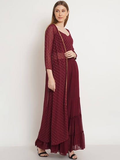 Women Maroon Top & Sharara With Shrug