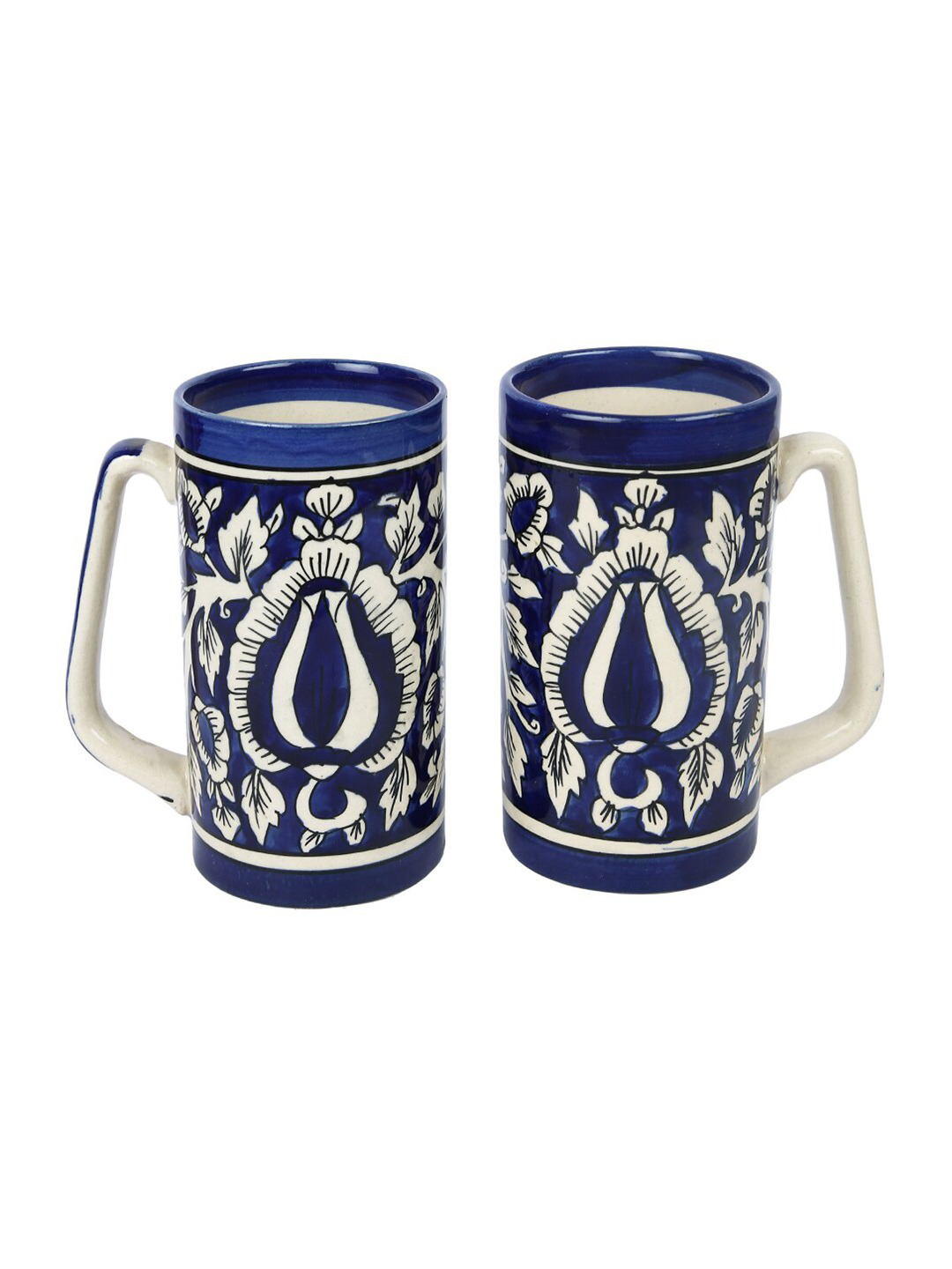 Set Of 2 Blue & Beige Printed Ceramic Glossy Coffee Mugs