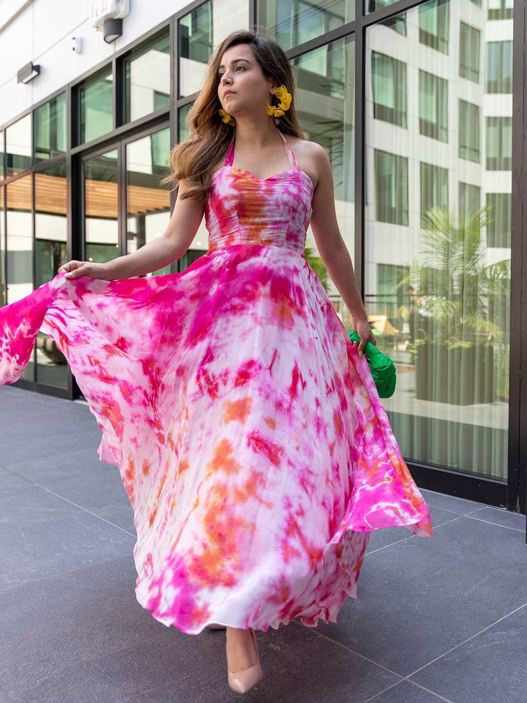 Pink & White Tie And Dye Dyed Halter Neck Maxi Dress