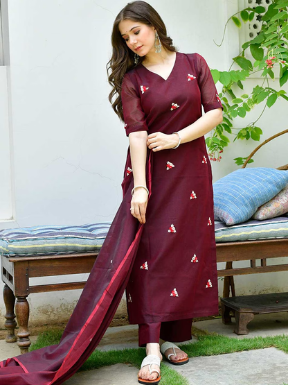 Floral Embroidered Pure Cotton Straight Kurta With Palazzos & Dupatta