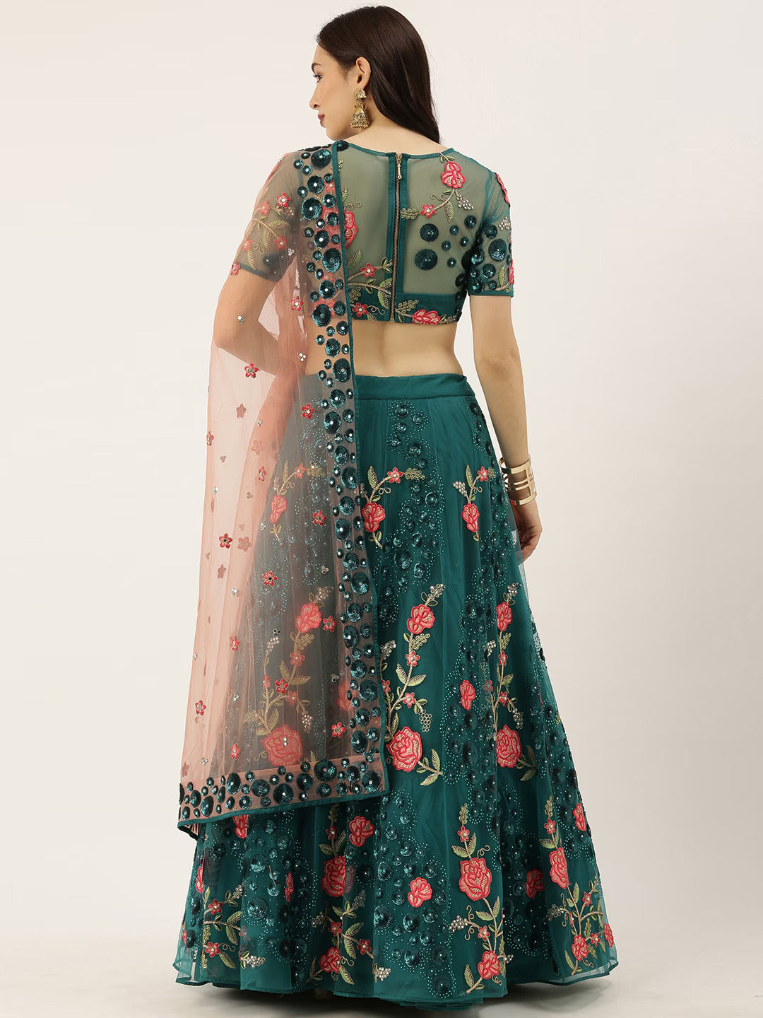 Teal & Pink Embroidered Semi-Stitched Lehenga & Unstitched Blouse with Dupatta