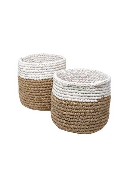 White and Brown Set of 2 Color blocked Jute Crochet Baskets