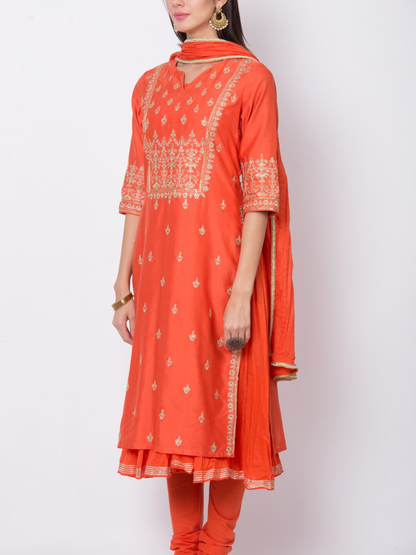 Women Orange Embroidered Layered Salwar Suit