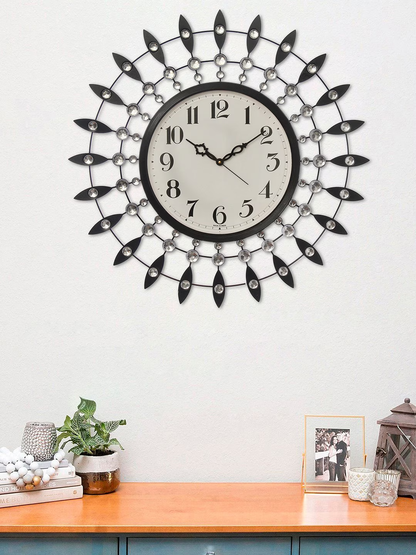 Black & Silver-Toned Embellished Contemporary Wall Clock