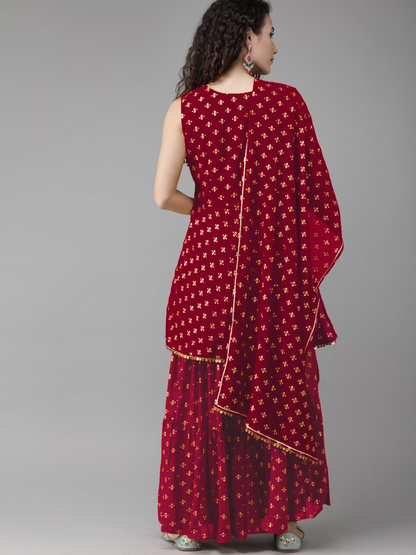 Women Maroon & Gold Printed Kurti with Sharara & Dupatta