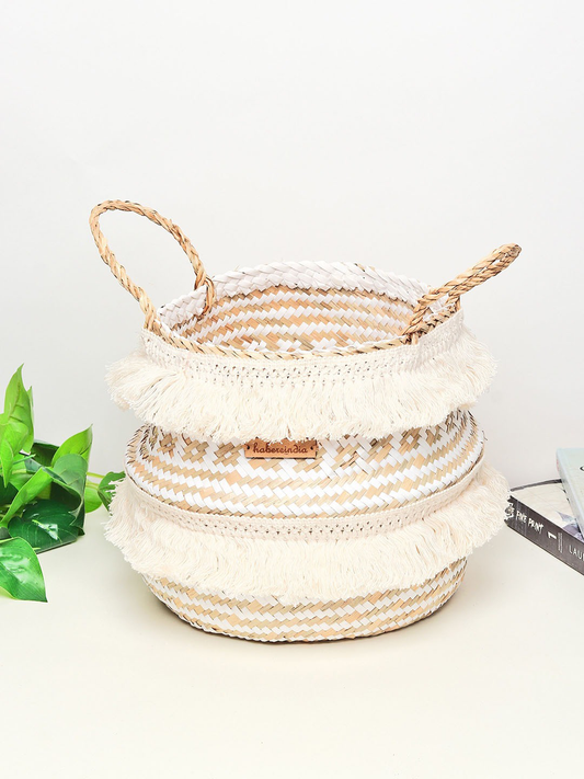 White & Beige Seagrass Belly Plant Medium Storage Basket with Tassels