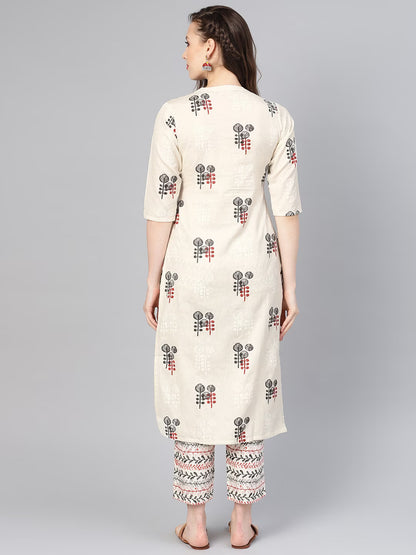 Women Beige Ethnic Print Straight Kurta Set With Side Pockets