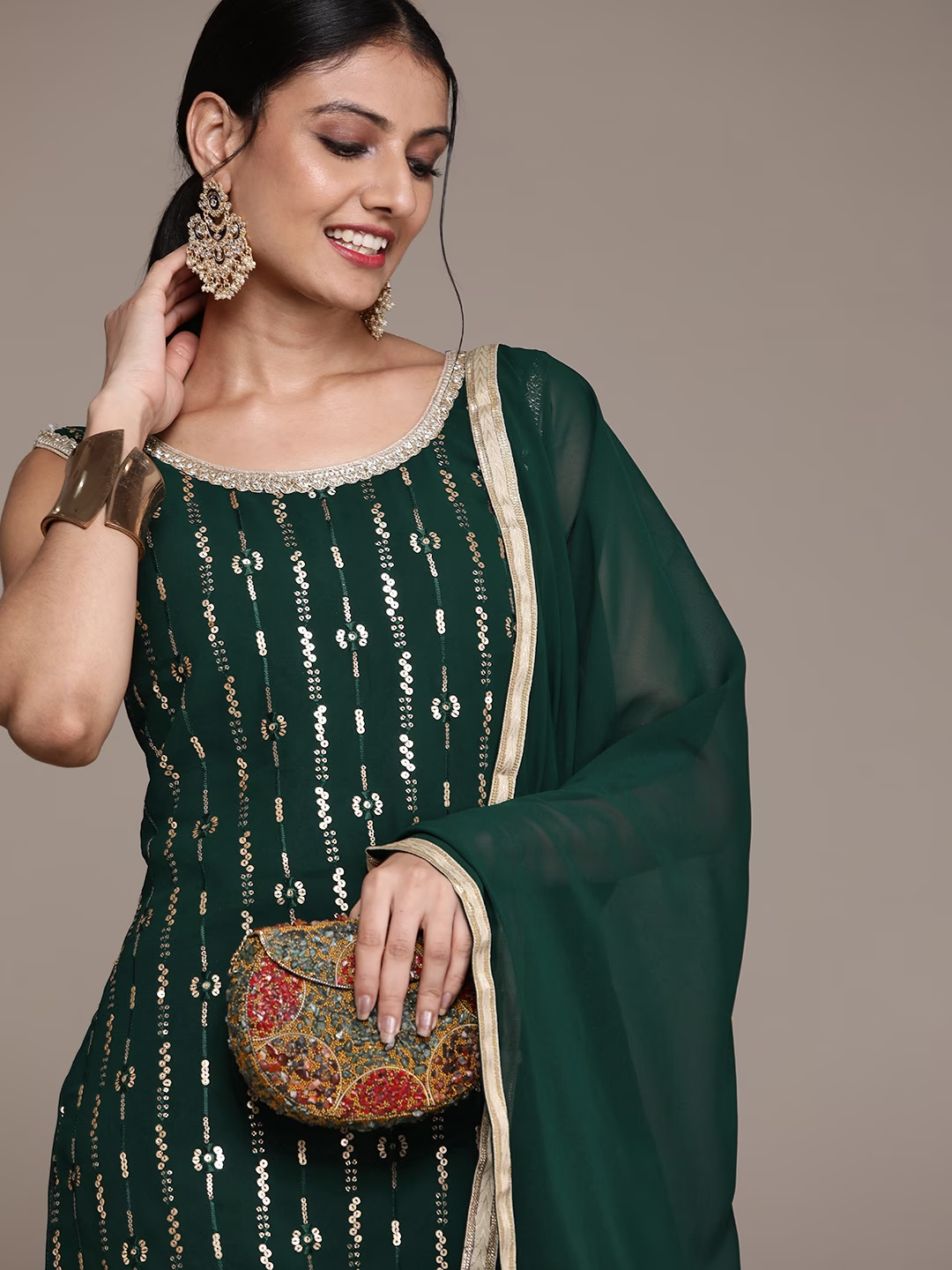 Women Green Ethnic Motifs Sequinned Kurta with Sharara & With Dupatta