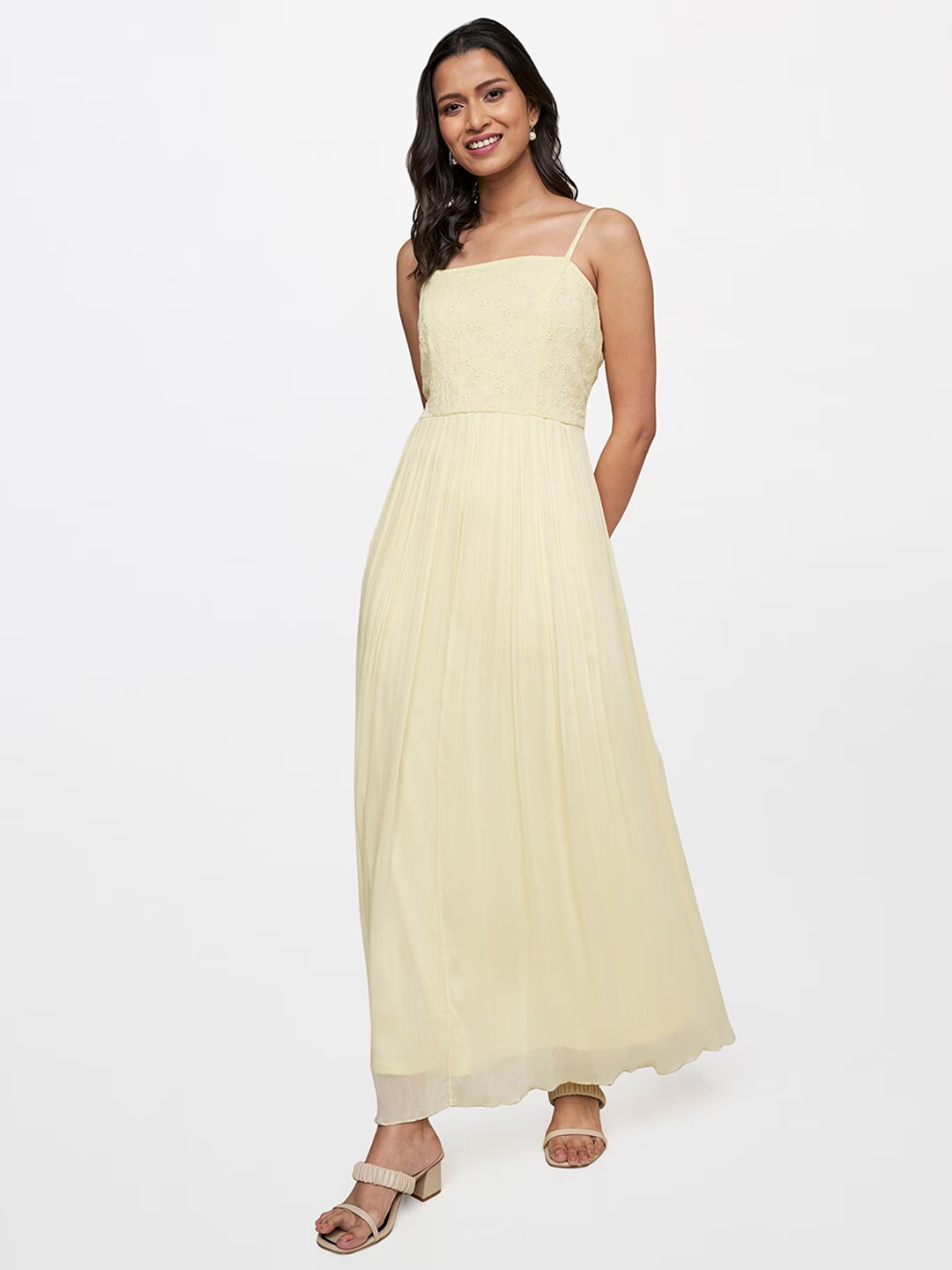 Women Lime Yellow Floral Schiffli A-Line Maxi Dress