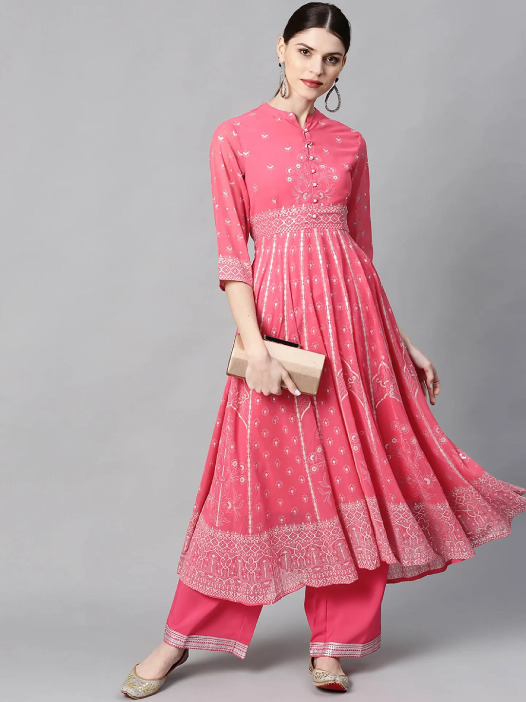 Coral Georgette Printed Anarkali Kurta with Palazzo (Set of 2)