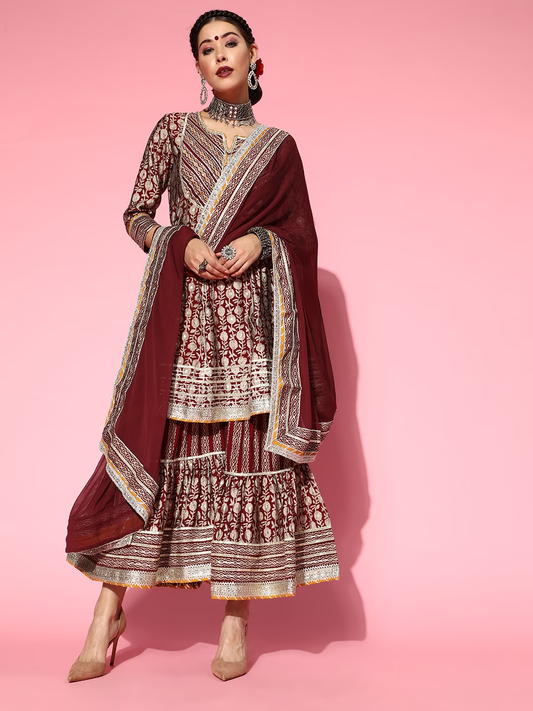 Maroon & Beige Foil Floral Print Panelled Tie-Ups A-Line Salwar Suit