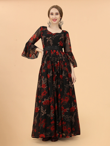 Women Black & Red Floral Fit And Flare Maxi Dress