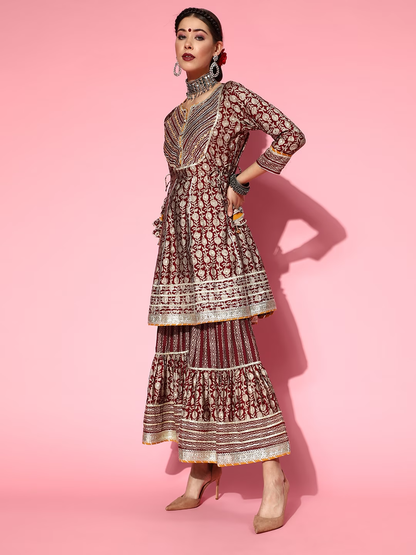 Maroon & Beige Foil Floral Print Panelled Tie-Ups A-Line Kurta Sharara & Dupatta