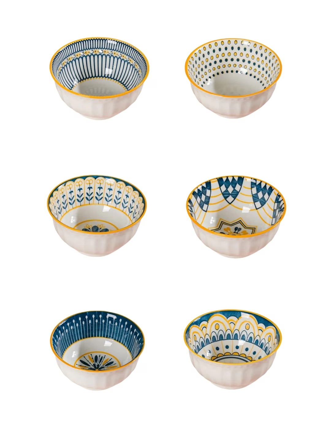 White & Blue 6 Pieces Printed Ceramic Glossy Microwave Safe Bowls - 280ml Each