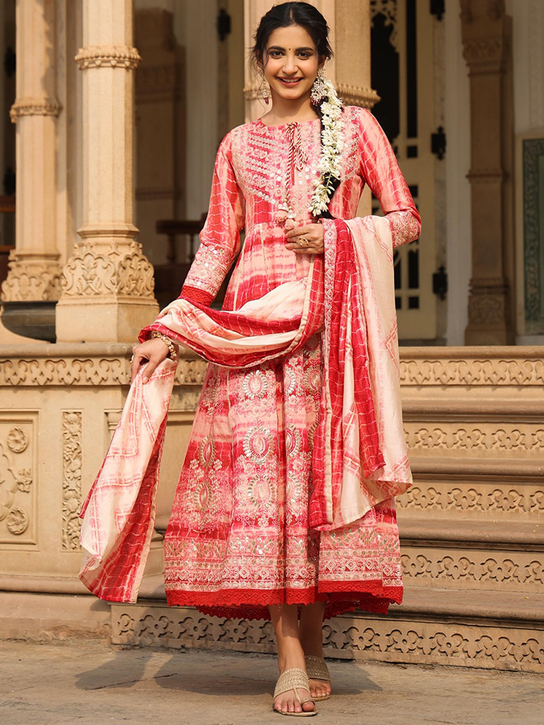 Printed Anarkali Ethnic Dress With Dupatta & Potli