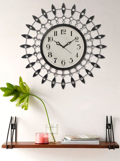 Black & Silver-Toned Embellished Contemporary Wall Clock