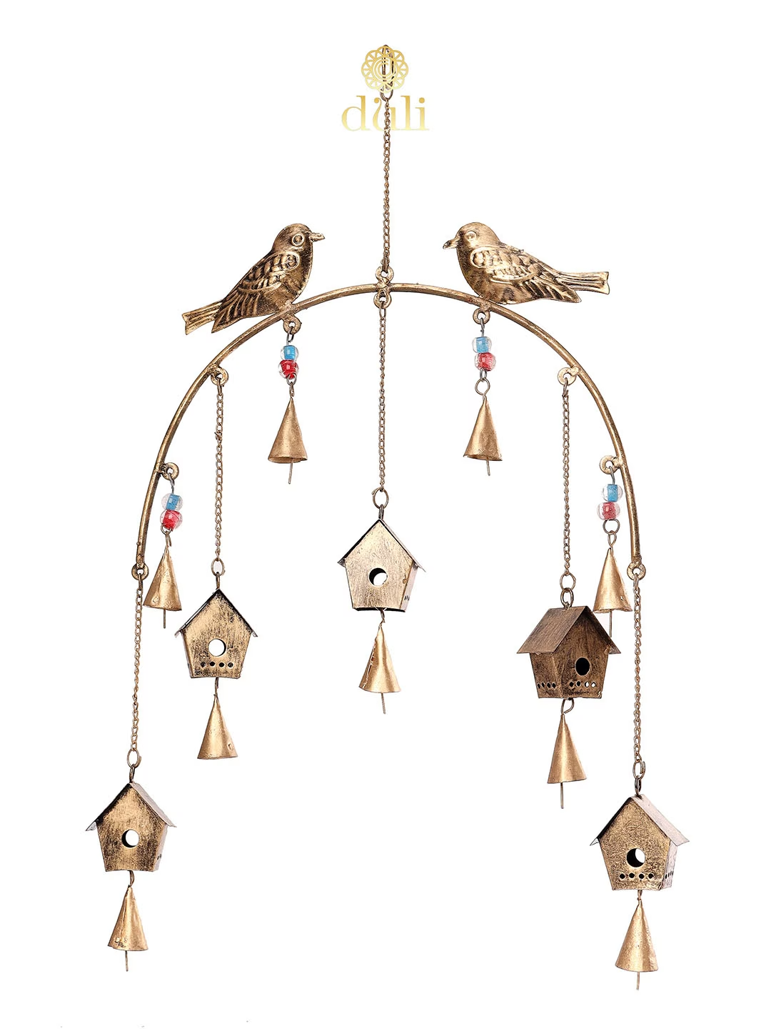Gold-Toned BirdHouse Design Metal Wall Hanging Windchime with Hanging Bells