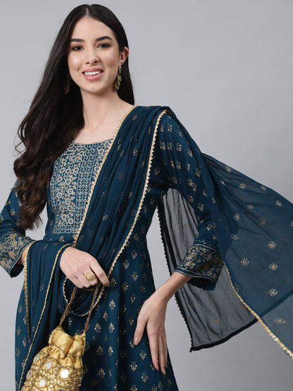 Women Mirror Work Kurta with Trousers & With Dupatta