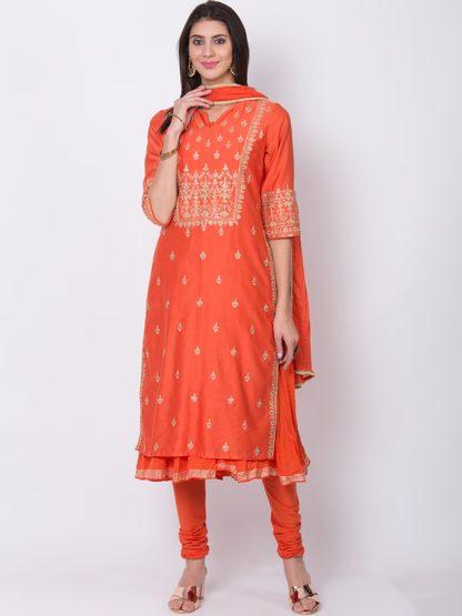 Women Orange Embroidered Layered Salwar Suit