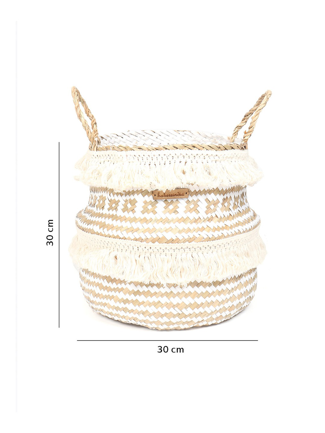 White & Beige Seagrass Belly Plant Medium Storage Basket with Tassels