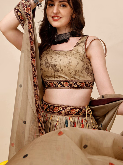 Printed Semi-Stitched Silk Lehenga & Unstitched Blouse With Dupatta