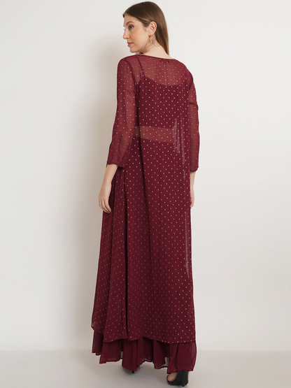 Women Maroon Top & Sharara With Shrug