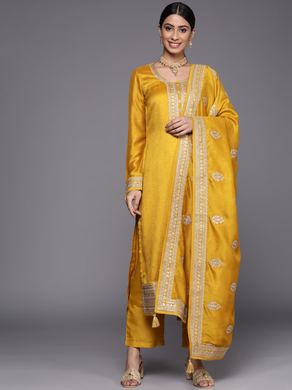 Women Mustard Yellow Floral Motifs Sequinned Salwar Suit