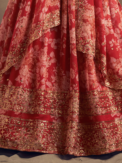 Red & Gold-Toned Embroidered Sequinned Shibori Semi-Stitched Lehenga & Unstitched Blouse