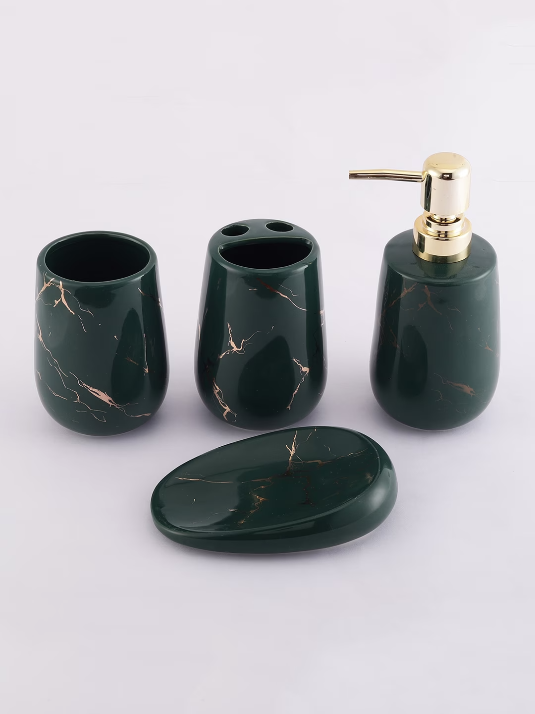 Set Of 4 Green & Gold-Toned Marble Textured Bath Accessory Set