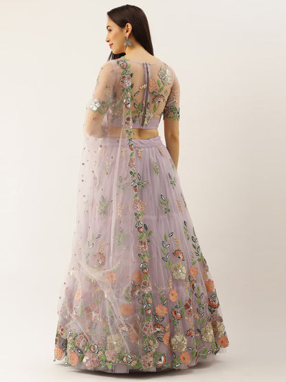 Mauve & Orange Embroidered Sequinned Semi-Stitched Lehenga & Unstitched Blouse With Dupatta