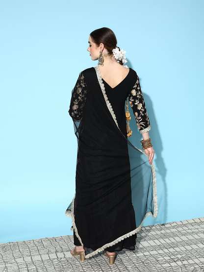 Women Black Floral Embroidered Thread Work Salwar Suit