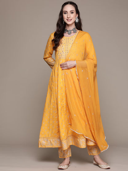 Women Mirror Work Kurta with Trousers & With Dupatta