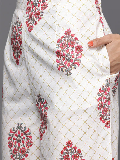 Women Grey & Peach-coloured Floral Print Cotton Kurta Palazzos Dupatta