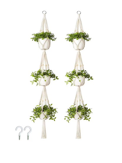 Set Of 2 Beige Macrame Plant Hangers Without Pot