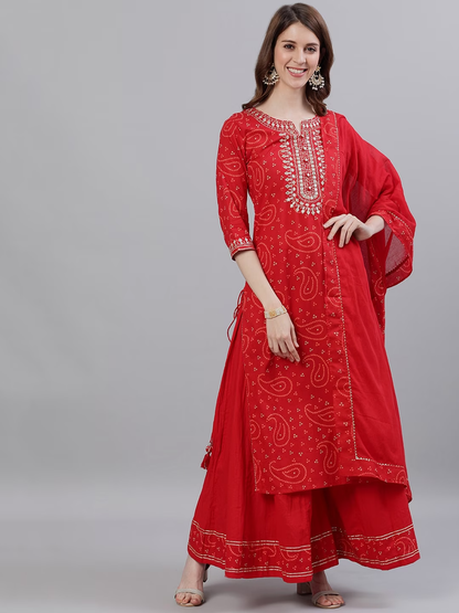 Bandhani Printed Gotta Patti Pure Cotton Kurta with Sharara & With Dupatta