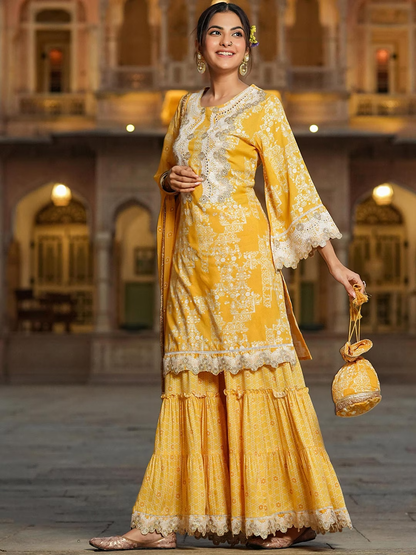 Ethnic Moifs Printed Mirror Work Kurta with Sharara & With Dupatta