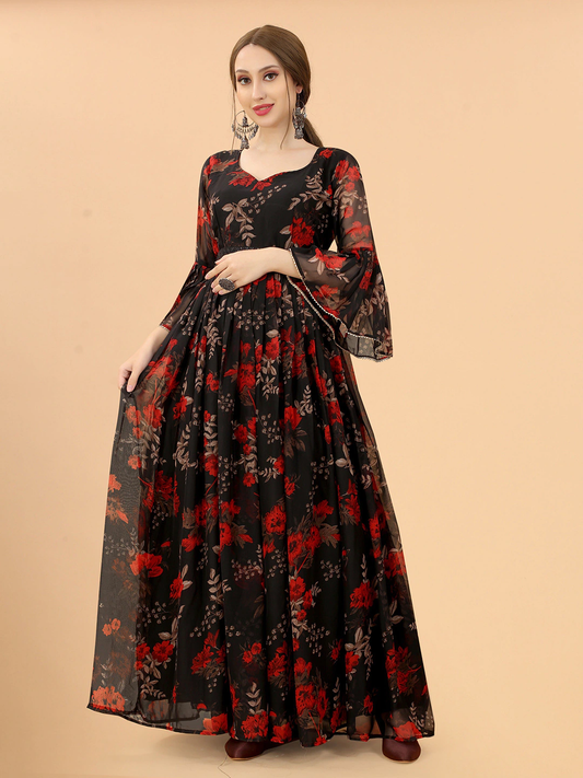 Women Black & Red Floral Fit And Flare Maxi Dress