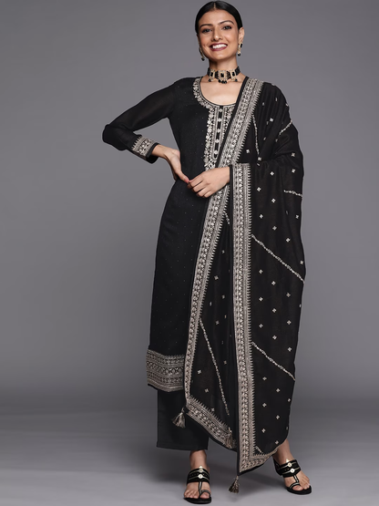 Women Black Floral Motifs Yoke Design Salwar Suit