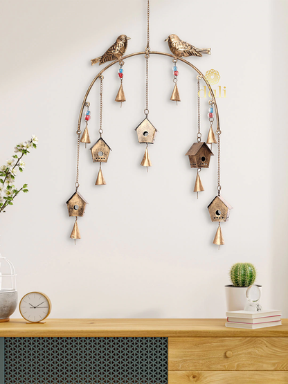 Gold-Toned BirdHouse Design Metal Wall Hanging Windchime with Hanging Bells