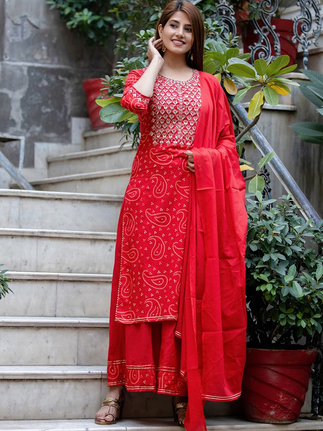Women Red Bandhej Embroidered Kurta With Sharara & Dupatta