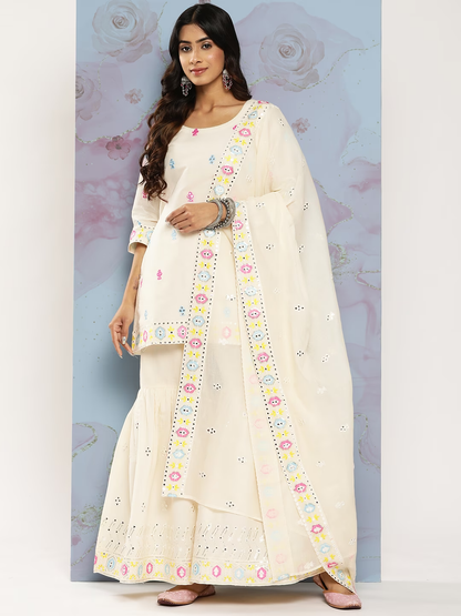 Women Embroidered Mirror Work Pure Cotton Kurti With Sharara & With Dupatta